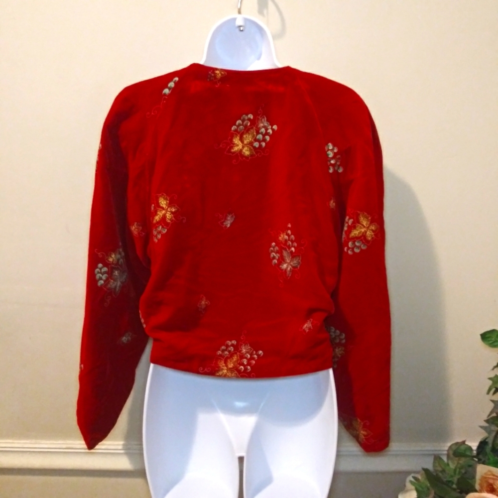 Vintage 1930-40's Handmade Scarlet Velvet Wrap Blouse With Stamped Grape Pattern - Picture 12 of 16